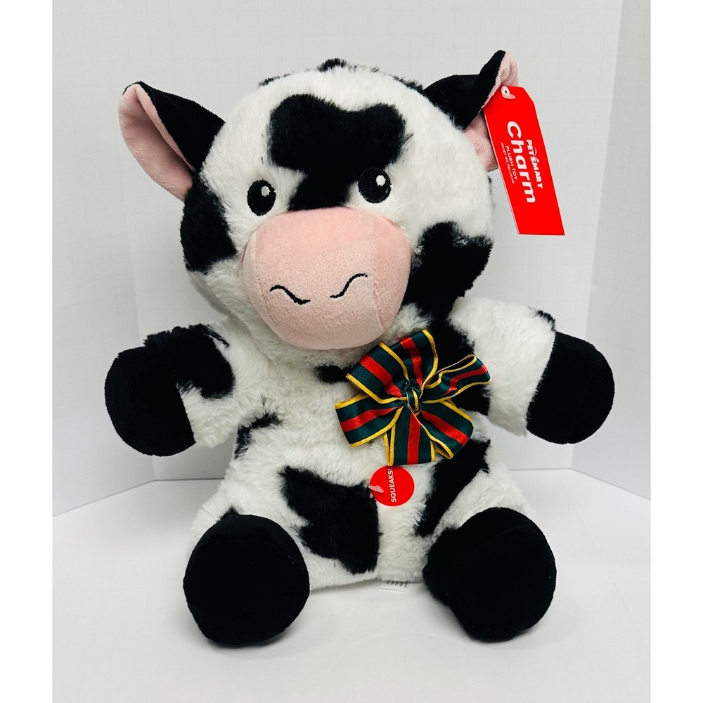 PetSmart Charm Cow 12" Black White Spotted Squeaker Festive Bow Plush Toy 2024